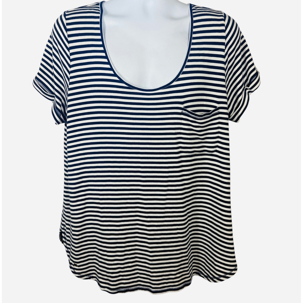 Lilly Pulitzer Luxletic Navy White Striped Scoop Neck Pocket Tee Womens XL